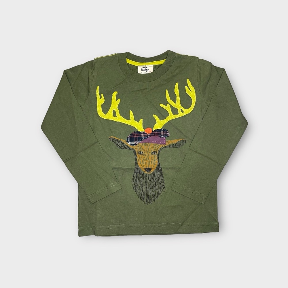 Mini Boden Fancy Reindeer Applique Long Sleeve Green Shirt